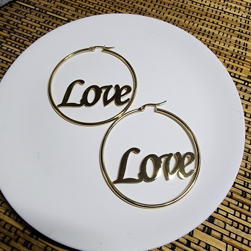Gold Stainless Steel LOVE Hoop Earrings - Picture 1 of 7